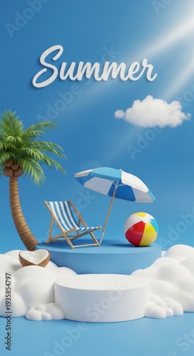 Summer beach scene with palm tree deck chair umbrella and beach ball for seasonal banner background and poster design