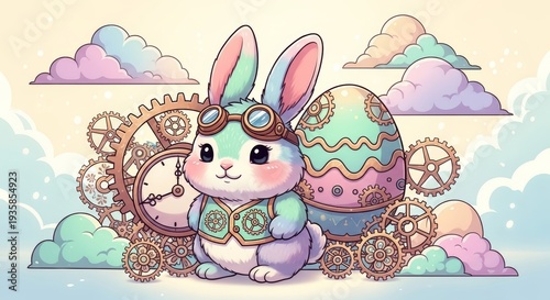Pastel easter rabbit with decorated egg and clockwork gears against cloudy sky for holiday poster background and children illustration