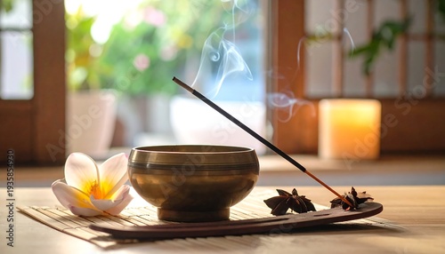 Peaceful incense scene with bowl and flower