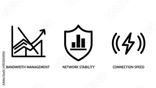 Bandwidth Management, Network Stability, and Connection Speed Performance Icons for Internet Technology and Data Management