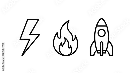 Lightning Bolt, Fire Flame, and Rocket Ship Icons Representing Energy, Power, Speed, and Startup Innovation Concepts