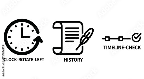 Time, History, and Timeline Management Icons: Clock Rotation, Scroll Document, and Task Completion Checkmarks