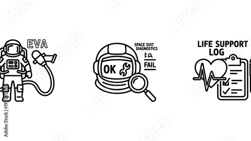 Astronaut EVA, Space Suit Diagnostics, and Life Support Log Icons - Space Exploration, Medical Monitoring Outline.