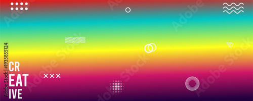 rainbow colored background with white shapes and creative text