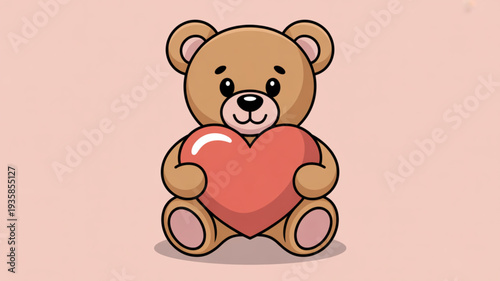 Adorable teddy bear holding heart in soft illustration on a gentle background from a front viewpoint showcasing love and affection in a simple style