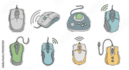 Collection of computer mice and gaming controllers with wireless signals.
