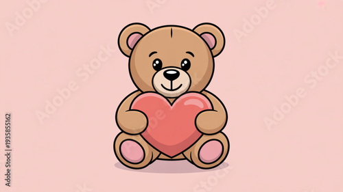 Adorable teddy bear holding heart illustration on pink background vector graphic