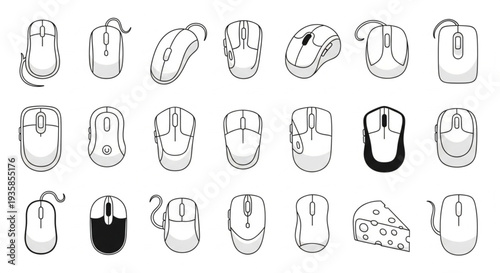 Collection of computer mice in various styles and designs.