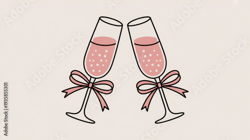 Romantic champagne glasses with bows illustration for celebration and love