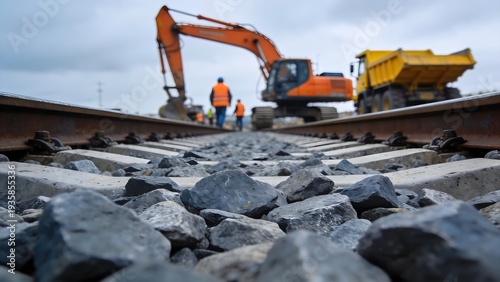 New railway tracks with fresh ballast and concrete sleepers under construction, showing heavy machinery and workers focused on infrastructure development.