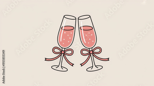 Two champagne glasses with red ribbons tied in bows, filled with pink liquid, illustrated in a minimalist style.