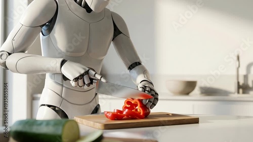 White Humanoid Robot With Mechanical Fingers Slicing Red Pepper On Wooden Board In Bright Minimalist Kitchen With Sunlight And Blurry Background