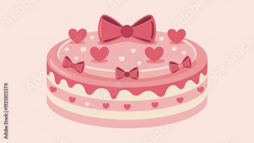 A front view illustration of a layered cake with bows and hearts on top in a celebratory setting
