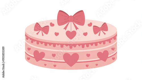Illustration of a layered cake with bows and hearts on a decorative plate from a front viewpoint