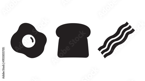 Black Silhouettes Of Donut, Bread And Bacon On White Background For Food Concepts