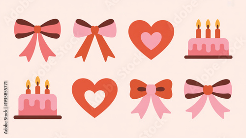 Collection of elegant hand-drawn vintage decorative elements including bows hearts and cakes on a soft background