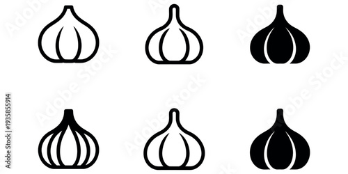 Fresh Garlic Icon Set with Raw Vegetable and Cooking Ingredient Symbols Vector Illustration.