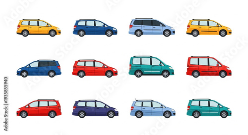 Collection of Colorful Minivans and MPVs on White Background.