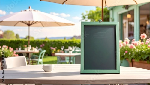 Menu Board on Cafe Table with Pink Flowers Sunny Outdoor Restaurant View