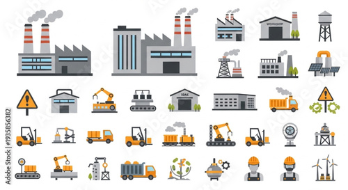 Collection of Industrial Buildings and Construction Vehicles Icons.