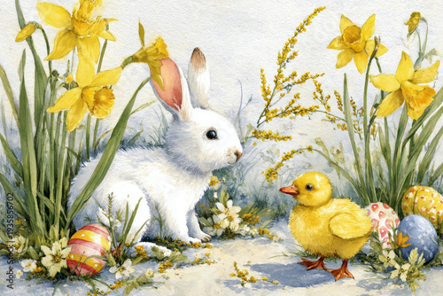 A bunny and a duckling are having fun in a spring garden. They look at bright daffodils, green grass, and colorful Easter eggs scattered around them