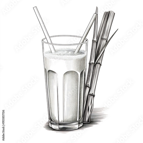 A sketch of a refreshing drink in a glass with straws and bamboo sticks