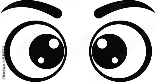 Black and white cartoon eyes with wide pupils and curved eyebrows simple clean