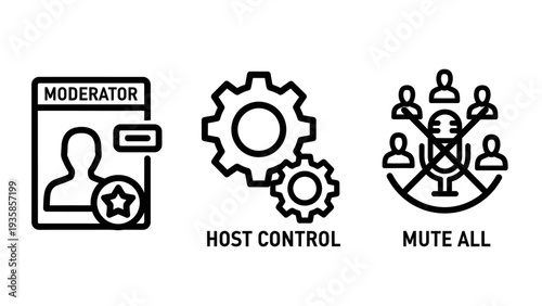 Online Meeting and Virtual Event Management Icons: Moderator, Host Control, and Mute All Functions