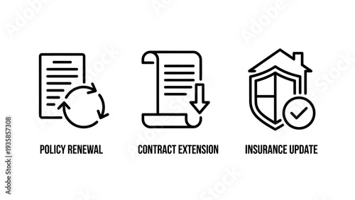 Business and Legal Document Icons: Policy Renewal, Contract Extension, and Home Insurance Update Concepts