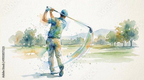 Watercolor illustration of a golfer swinging a club on a lush green course.
