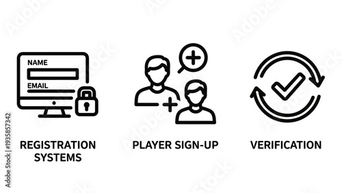 User Registration and Verification Icons: Online Sign-Up Systems, Player Account Creation, and Identity Confirmation.