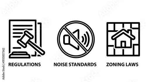 Legal and Urban Planning Icons: Regulations, Noise Standards, and Zoning Laws for Compliance and Community Development.