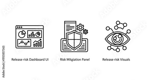 Risk Management Icons: Release Risk Dashboard UI, Mitigation Panels, and Data Visuals for Project Monitoring.