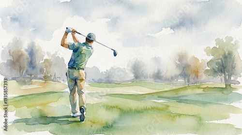 Watercolor painting of a golfer swinging a club on a lush green course.