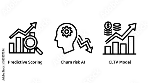 Business Analytics Icons: Predictive Scoring, Churn Risk AI, and CLTV Model for Data-Driven Decisions and Financial Strategy.