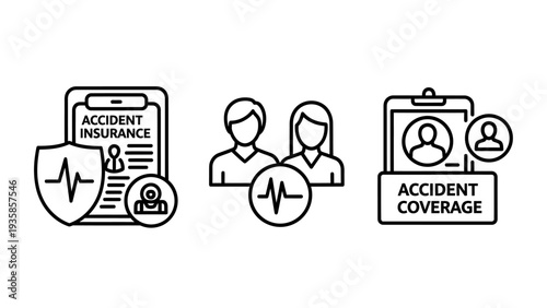 Accident Insurance and Coverage Icons Depicting Medical Protection, Healthcare Policy, and Financial Security, Minimalist Vector Illustration