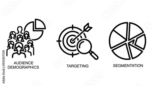 Marketing Strategy Icons: Audience Demographics, Targeting, and Market Segmentation for Business Analysis and Consumer Research, Vector
