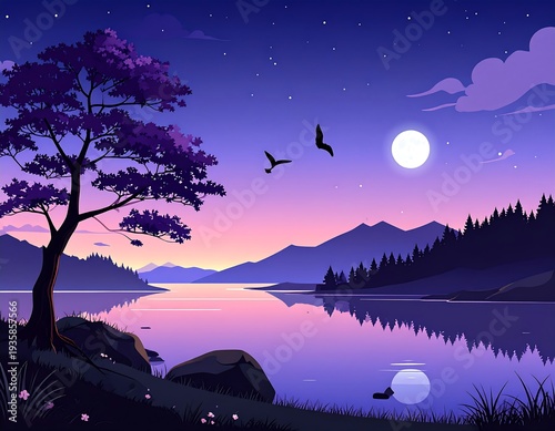 Peaceful, serene nighttime lake landscape