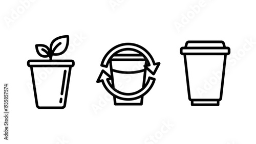 Eco-Friendly and Sustainability Icons: Plant Pot, Recycling Coffee Cup, and Disposable Container for Green Environment Concepts, Vector
