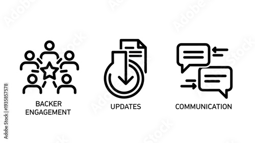 Crowdfunding Project Icons: Backer Engagement, Updates, and Communication for Community Management and Support, Minimalist Vector