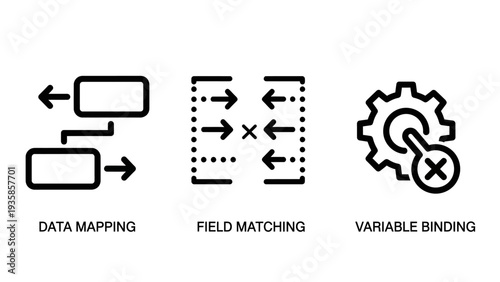 Data Management Concept Icons: Mapping, Field Matching, and Variable Binding for System Integration and Software Development