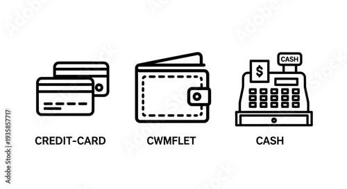 Payment Method Icons: Credit Card, Wallet, and Cash Register for Financial Transactions and Retail Business