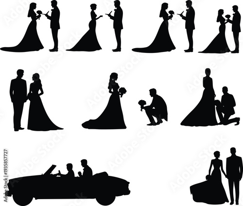 Wedding couple silhouettes collection showing bride and groom proposal ceremony romance celebration and newlywed moments black vector illustrations isolated on white background