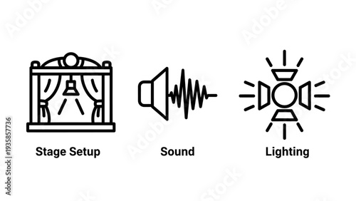 Event Production Icons: Stage Setup, Sound, and Lighting for Theater, Concerts, and Live Performance Planning