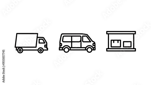 Logistics and Delivery Service Icons: Truck, Van, and Store with Packages for E-commerce Shipping and Transportation