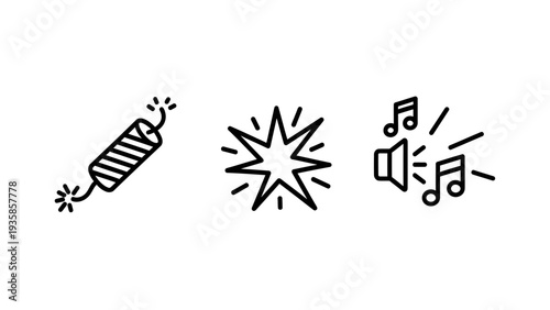 Sound and Celebration Icon Collection: Firecracker, Explosion, and Loud Speaker Symbols for Events and Audio Visuals.