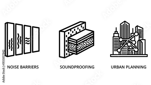 Urban Planning and Sound Management Icons Set with Noise Barriers, Soundproofing, and City Development Concepts for Architecture and Infrastructure.