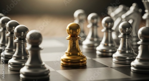 Wallpaper Mural A single golden pawn stands out amidst a silver army on a chessboard Torontodigital.ca