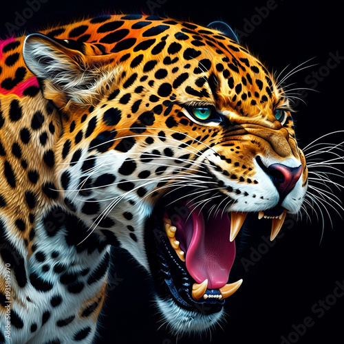Closeup of a roaring jaguar with sharp teeth and intense gaze, showcasing its power and ferocity in the jungle