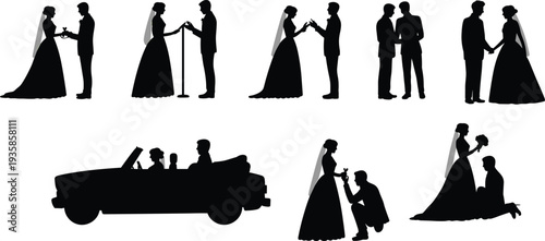 Wedding couple silhouettes set showing bride and groom ceremony proposal celebration and newlywed moments black vector illustrations isolated on white background
